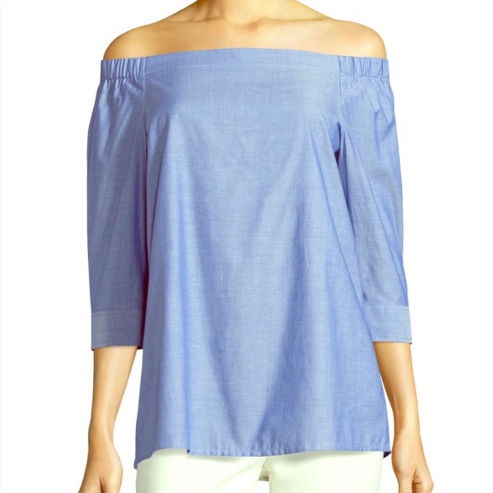 Theory off shoulder chambray 3/4 sleeve blouse w/inverted pleat back. Si…